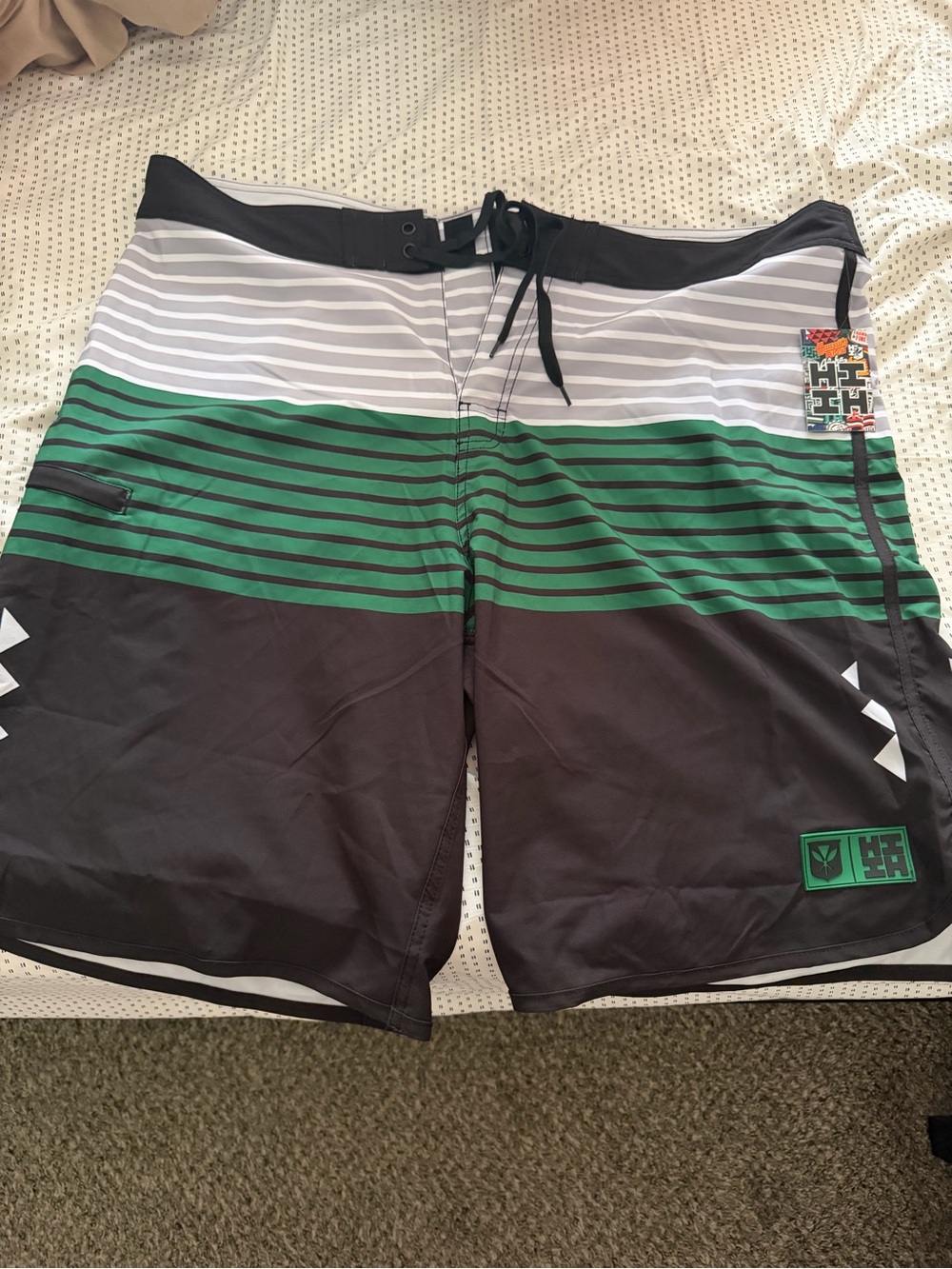 Hawaii's Finest Green, Black & White Striped Swim Board Shorts